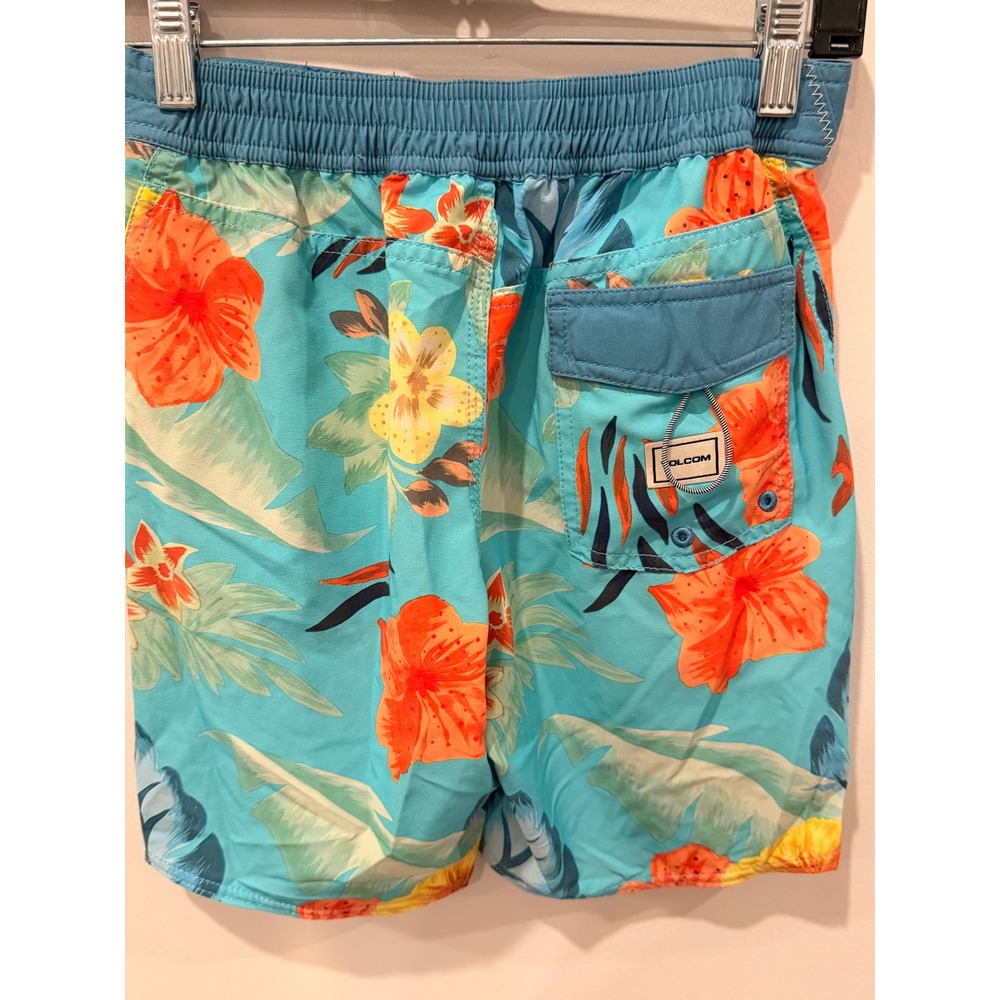 Volcom Boys Teal Orange Hibiscus Floral Board Shorts Swim Trunks Size S 8 10 - Picture 4 of 8